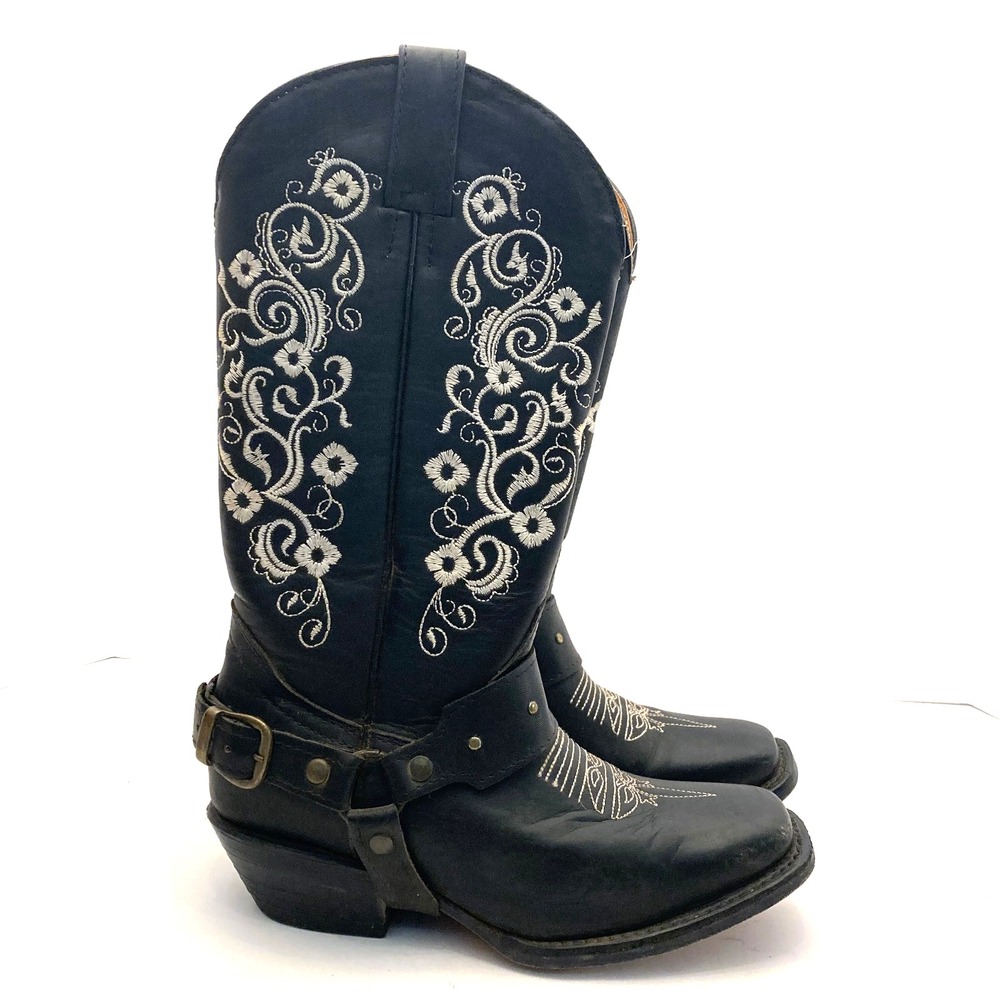 Old Corral Boots Black Leather Floral Embroidery Mex 23 US Womens 6-6.5 Distress